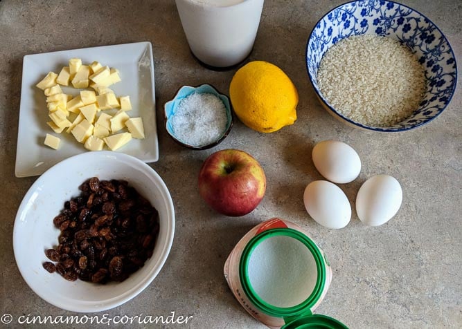 ingredients for baked rice pudding assembled on table