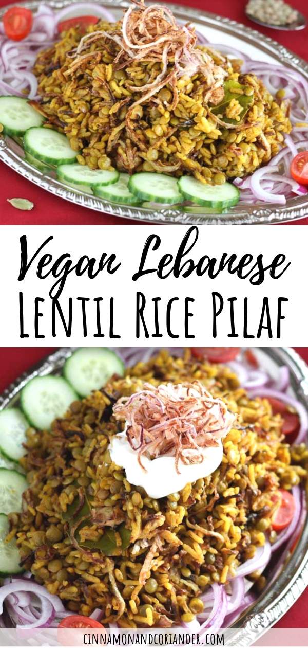 Vegan Lentil Rice Pilaf - this delicious Lebanese lentil and rice dish is a simple gluten-free meal that is fragrant with spices. An easy dinner recipe but also perfect for healthy meal prep #veganrecipes #glutenfreerecipes #easyrecipes