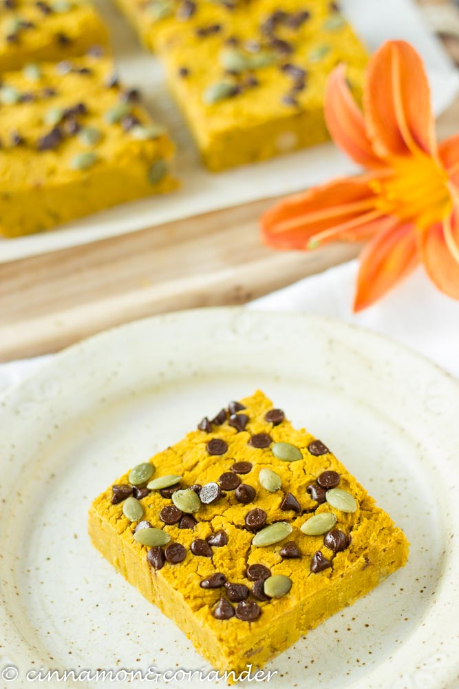 Healthy Pumpkin Bar with sugar-free chocolate chips and pepitas served on a white plate