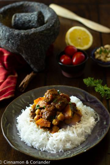 venison curry vindaloo with squash and chickpeas on a bed of rice