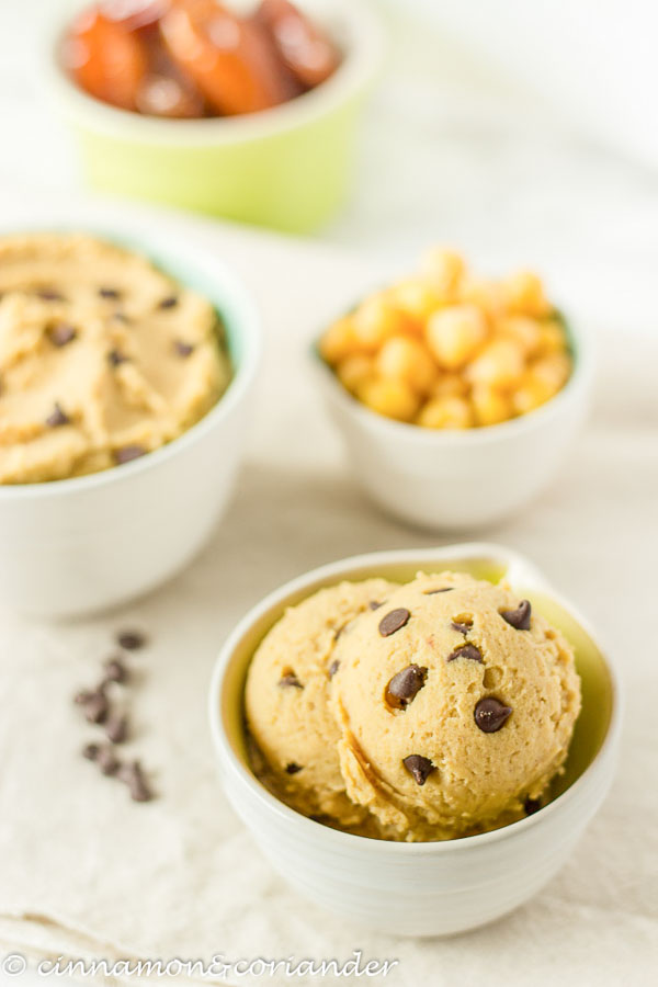 healthy vegan cookie dough with chocolate chips served in a small white bowl