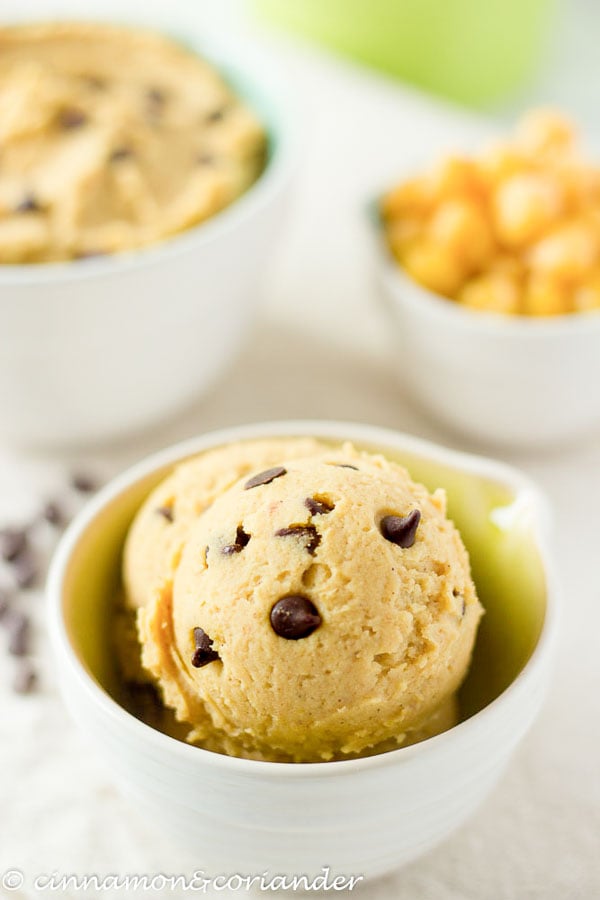 two scoops of healthy vegan cookie dough in a small white bowl