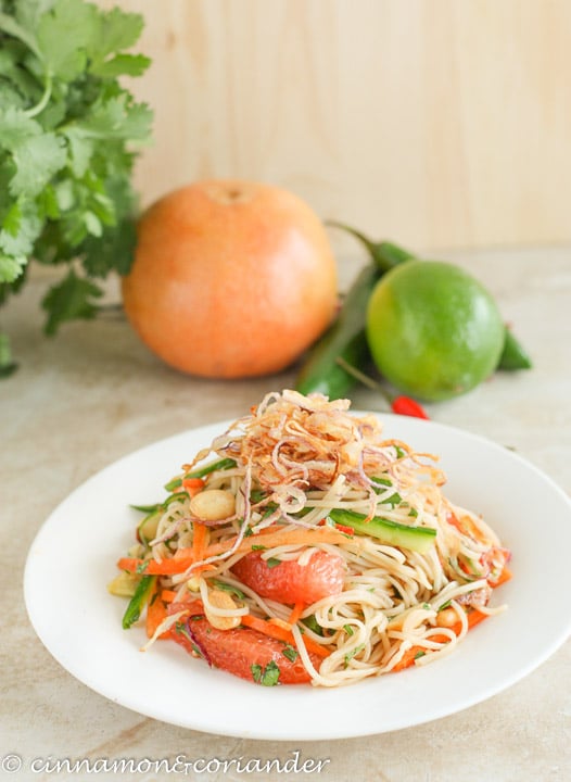 vegan Vietnamese rice noodle salad with Asian grapefruit dressing on a plate