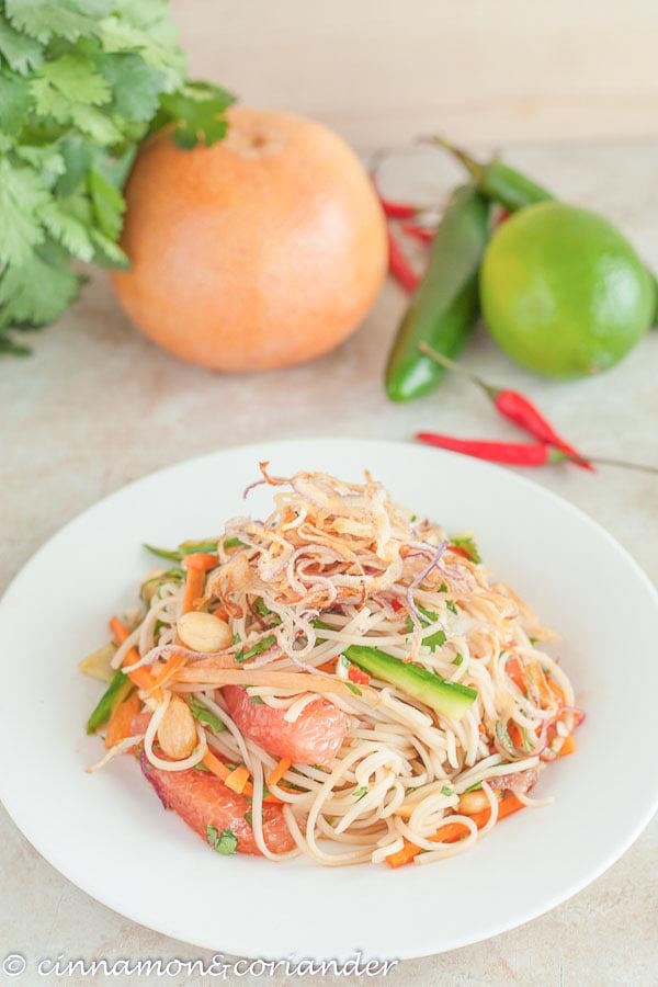 Healthy Vegan Vietnamese Rice Noodle Salad with grapefruit and peanuts in a bowl