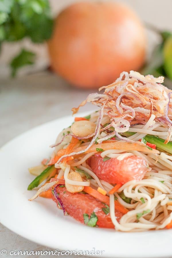 close-up of vegan Vietnamese rice noodle salad with grapefruit dressing