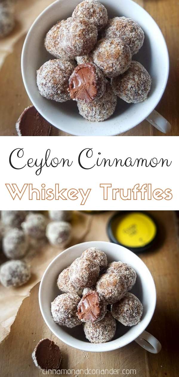 These Chocolate Cinnamon Whiskey Truffles are made with real Ceylon cinnamon, dark chocolate and a splash of whiskey. An easy to make bite-sized holiday treat that makes for the perfect food gift. #foodgift, #chocolatetruffles