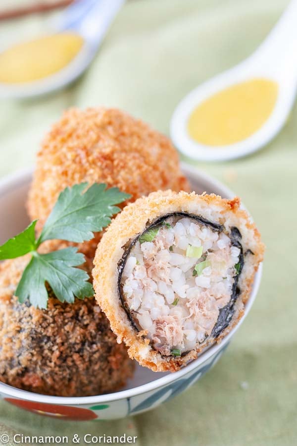 fried tuna rice balls in a small white Japanese bowl