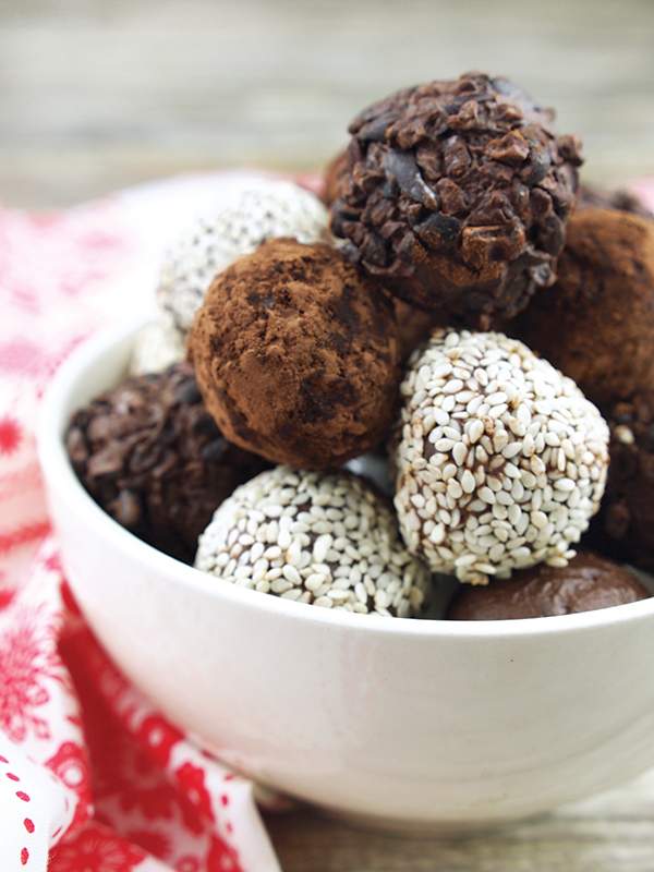 Vegan Tahini Chocolate Truffles in a small white bowl