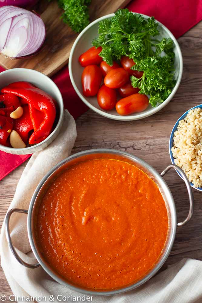 vegan instant pot roasted red pepper sauce in a sauce dish