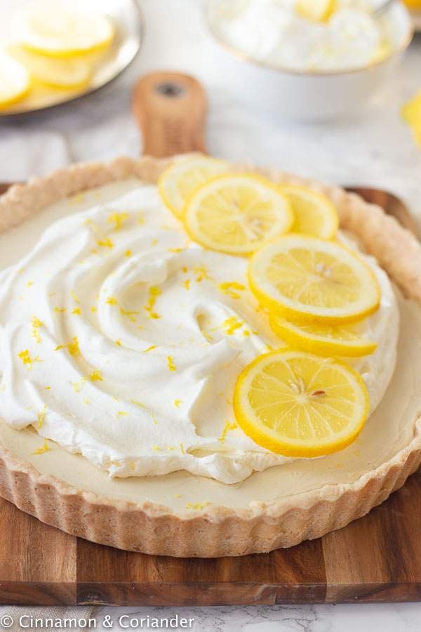 Vegan Lemon Tart with Coconut Whipped Cream and Coconut Crust - side view