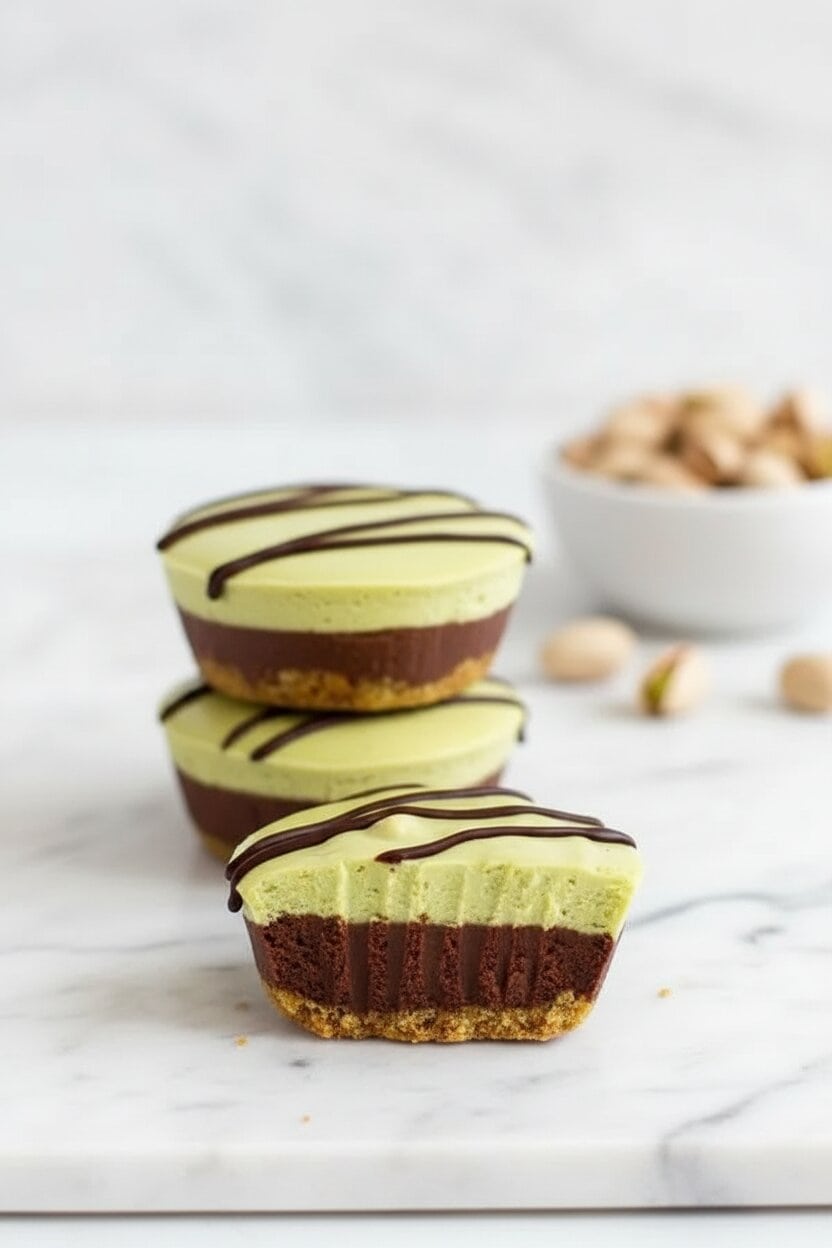 a halved vegan pistachio chocolate mini cheesecake