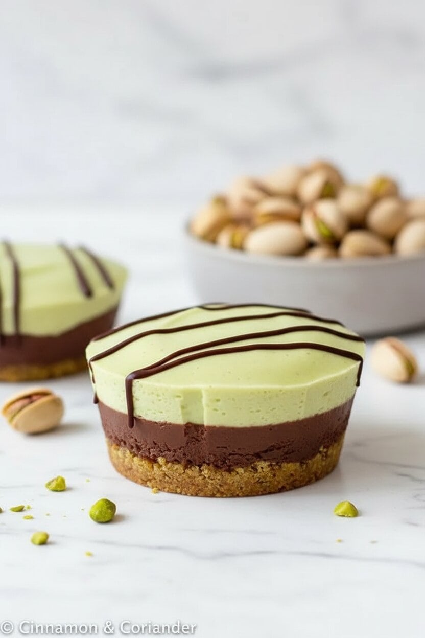 veganer nougat pistazien mii cheesecake mit schokoladen glasur auf einem marmortisch