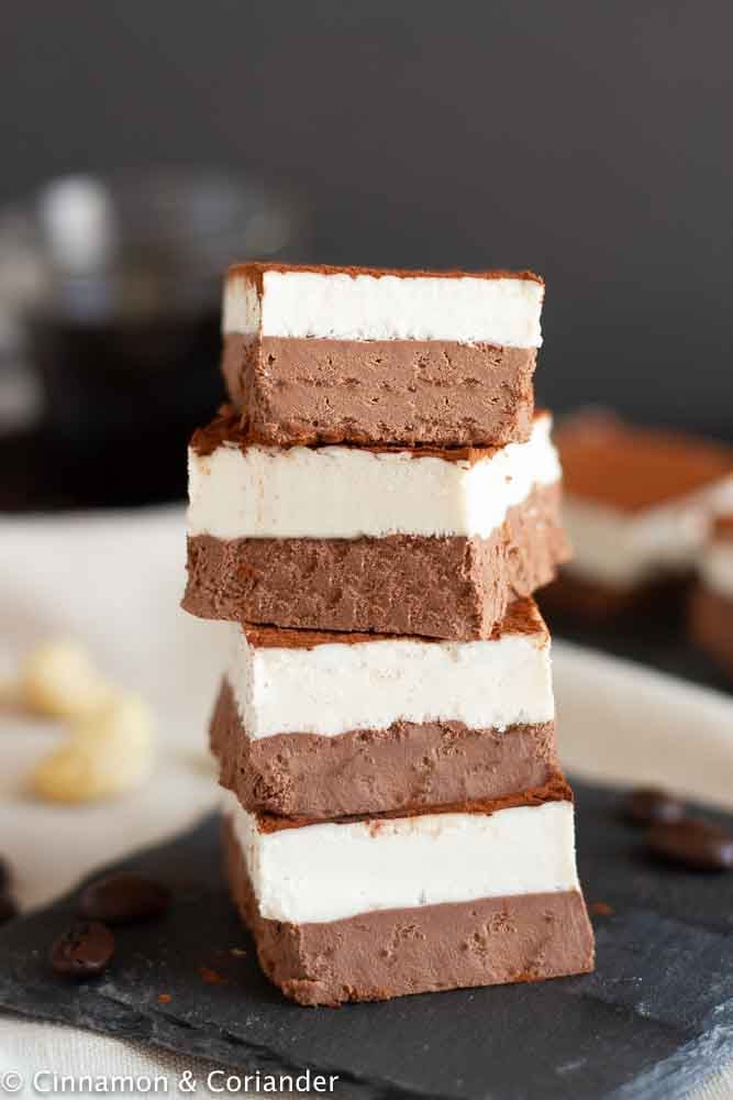 Tiramisu vegan no-bake cheesecake bars stacked