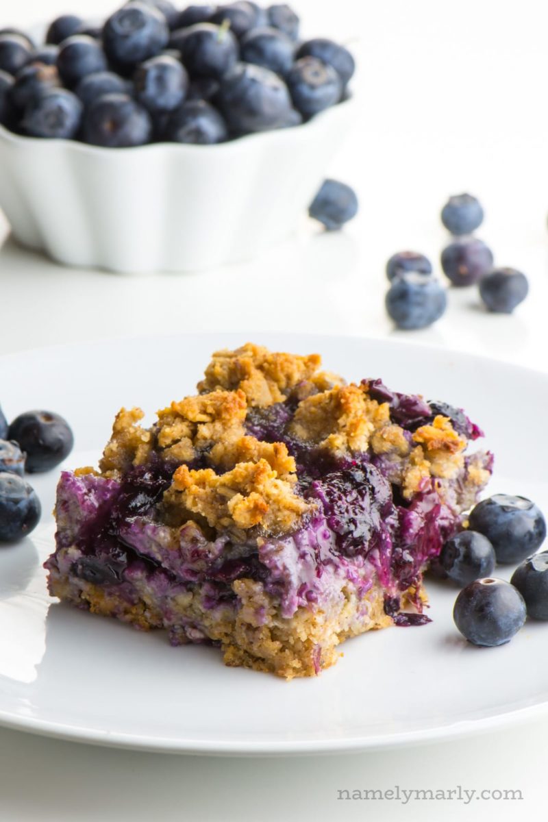 Vegan Blueberry Crumble Bars on a white plate