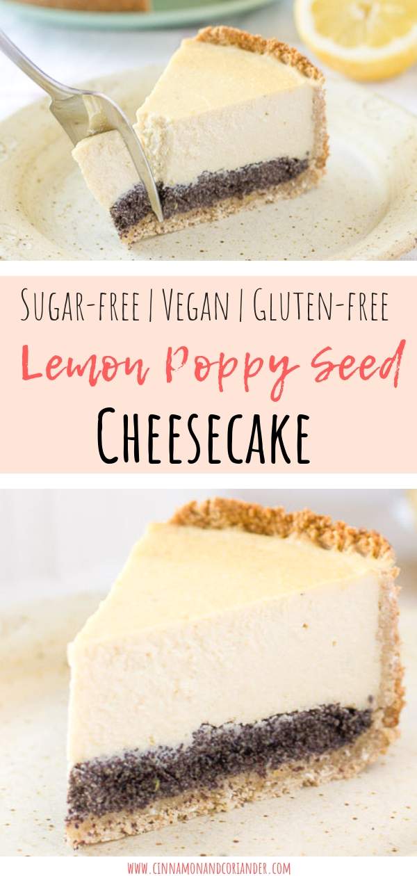 This baked vegan tofu cheesecake is flavored with lemon and features a delicious poppy seed layer. A plant-based, gluten-free, oil-free, egg-free, refined sugar-free dessert for Easter or Mother's Day. #vegandesserts #sugarfree