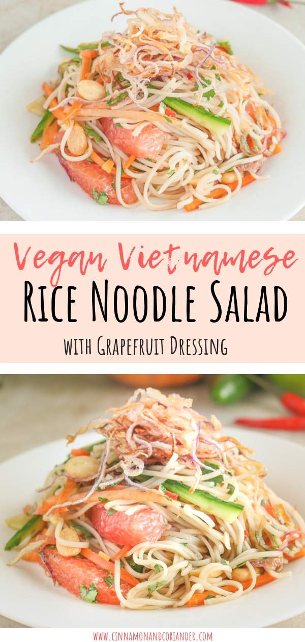 Vegan Vietnamese Rice Noodle Salad with Grapefruit Dressing | You will love this easy gluten-free Asian salad served cold on a hot day. #healthyveganrecipes #saladrecipe