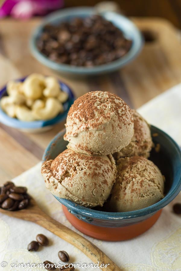 homemade vegan coffee cashew milk ice cream in a blue bowl