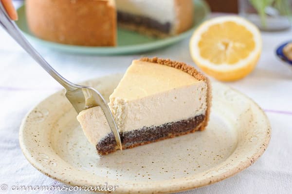 tofu cheesecake vegan German Lemon Poppyseed cheesecake with silken tofu filling with fresh lemons in the background