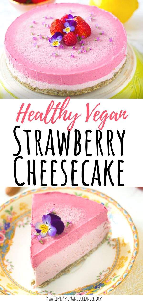 This easy strawberry raw vegan cheesecake with pumpkin seed crust is the perfect no-bake summer dessert! Dairy-free, gluten-free and sugar-free!  #dessert #rawvegan #vegandesserts #sugarfree