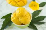 overhead shot of three scoops of vegan sugar-free mango ice cream