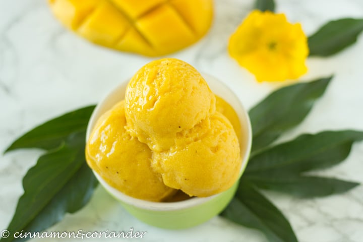 overhead shot of three scoops of vegan sugar-free mango nice cream