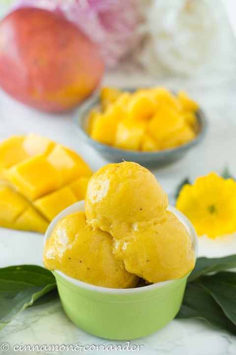  vista laterale del gelato vegano al mango senza zucchero in una ciotola da dessert