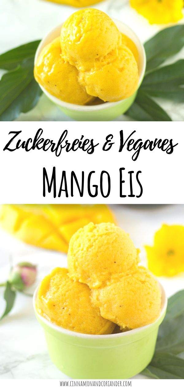Für dieses Vegane Mango Eis Rezept braucht ihr keine Eismaschine, nur 3 Zutaten und 5 Minuten Zeit! Zuckerfreies Eis zuhause selbst gemacht - kalorienarm und so lecker! #eisrezept #veganerezepte #zuckerfrei #gesunderezepte