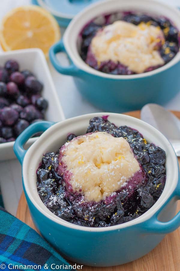 a serving of Nova Scotia blueberry cobbler topped with fluffy light lemon sour cream dumplings