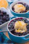 Nova Scotia Blueberry Grunt in a small blue casserole dish