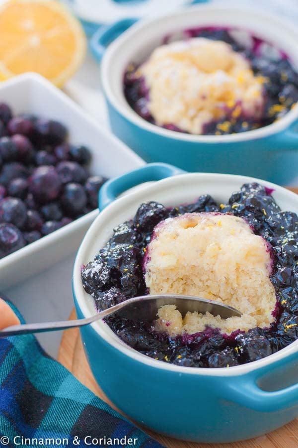 close-up of a small bowl of Canadian Wild Blueberry Cobbler called Blueberry Grunt