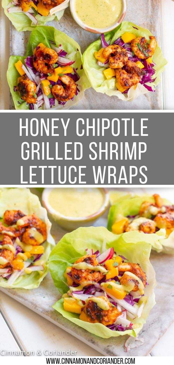 These healthy Shrimp Lettuce Wraps are filled with sweet and spicy honey chipotle shrimp and veggies and are served with creamy mango cilantro sauce. These flavor-packed low-carb shrimp tacos make the perfect handheld appetizers, game day snack or low-carb lunch or dinner! Quick and easy to make and you won't miss the tortilla #lowcarbrecipes #lettucewraps #appetizer #cleaneatingrecipes #shrimprecipes