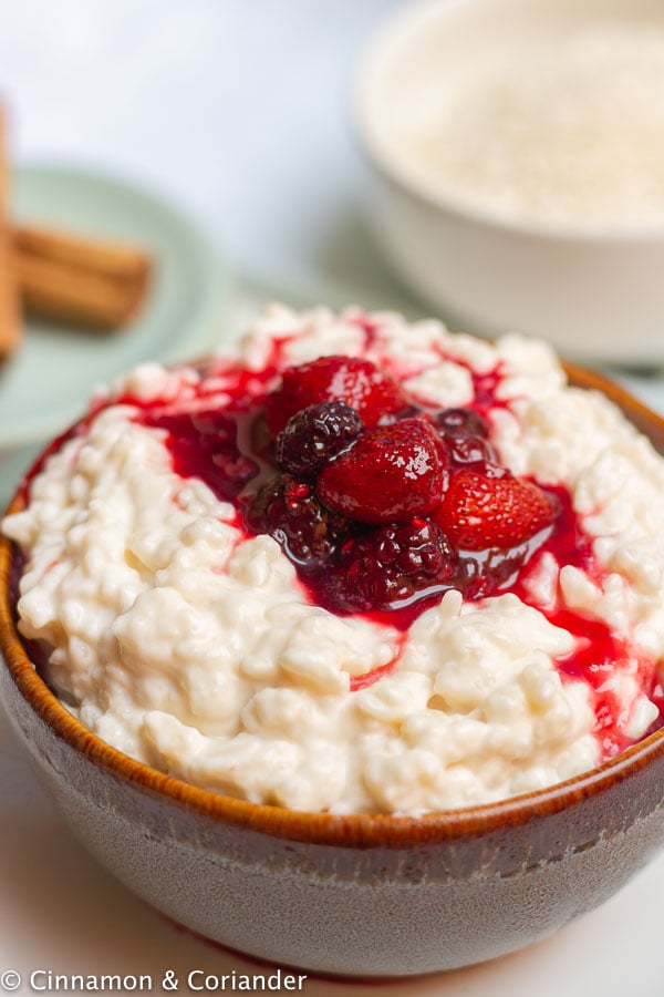 close-up of a bowl of Healthy Vegan Instant Pot Rice Pudding topped with berries