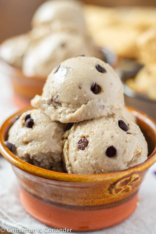 healthy vegan peanut butter cookie dough ice cream made without sugar served in a small bowl
