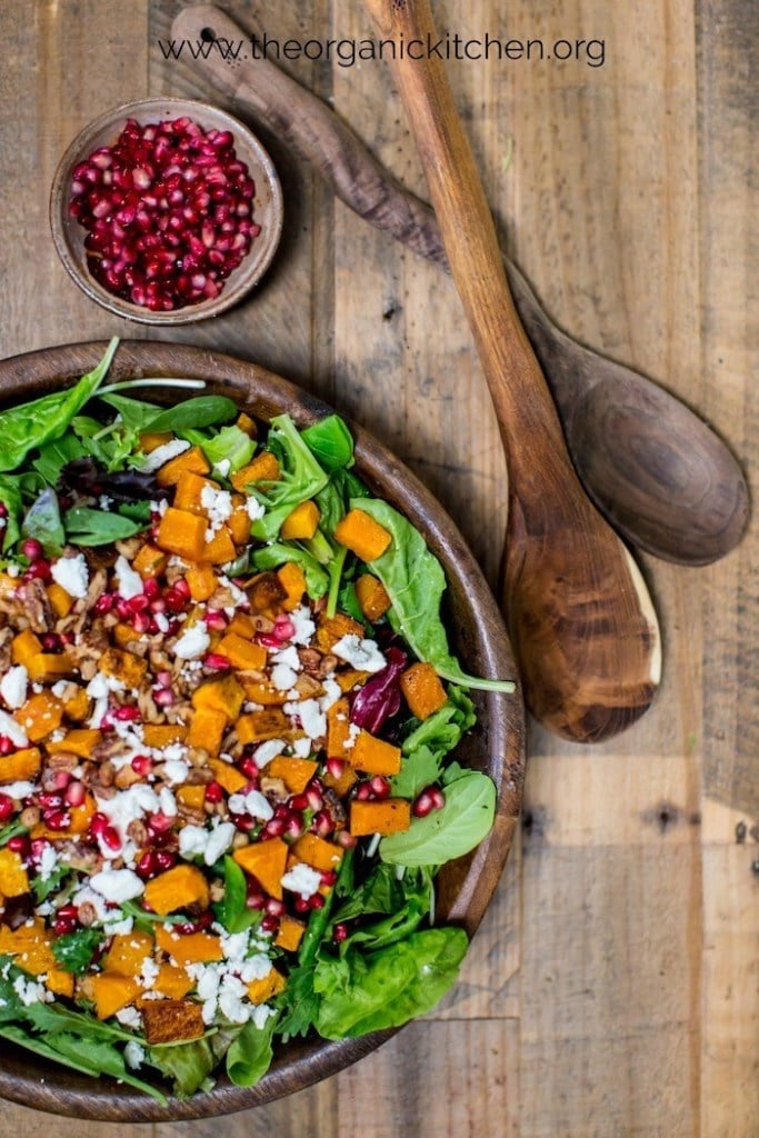 overhead shot of a roasted butternut squash salad