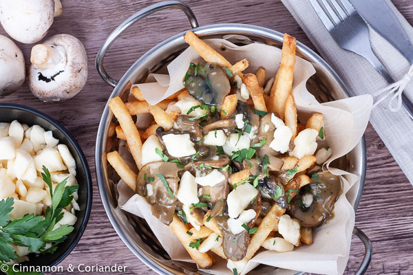 overhead shot of a serving of Canadian poutine