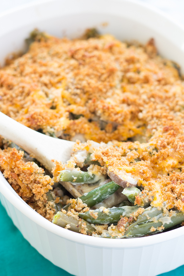 close-up of a healthy green bean casserole with breadcrumb topping