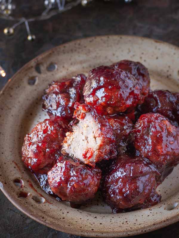 close-up of a plate of paleo cranberry glazed turkey meatballs
