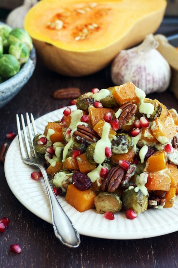side view of a roasted butternut squash and Brussels sprouts salad 
