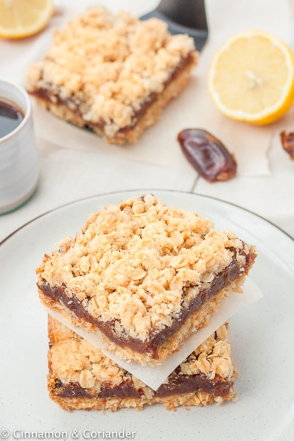 refined sugar-free Canadian date squares with oatmeal crumble topping stacked