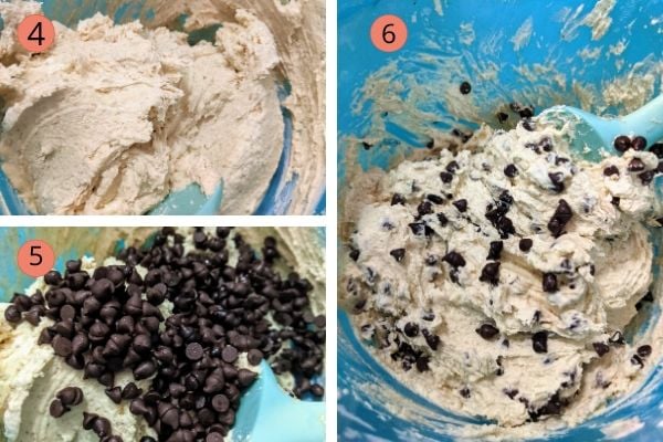 step by step picture collage demonstrating how to make Snowball cookie dough with chocolate chips