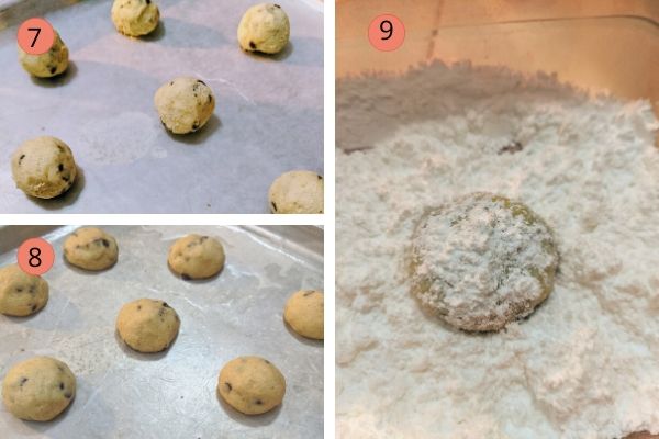 step by step pictures demonstrating how to bake chocolate chip snowball cookies and dust them with sugar-free icing sugar
