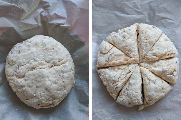 picture collage demonstrating how to shape and cut vegan scones 