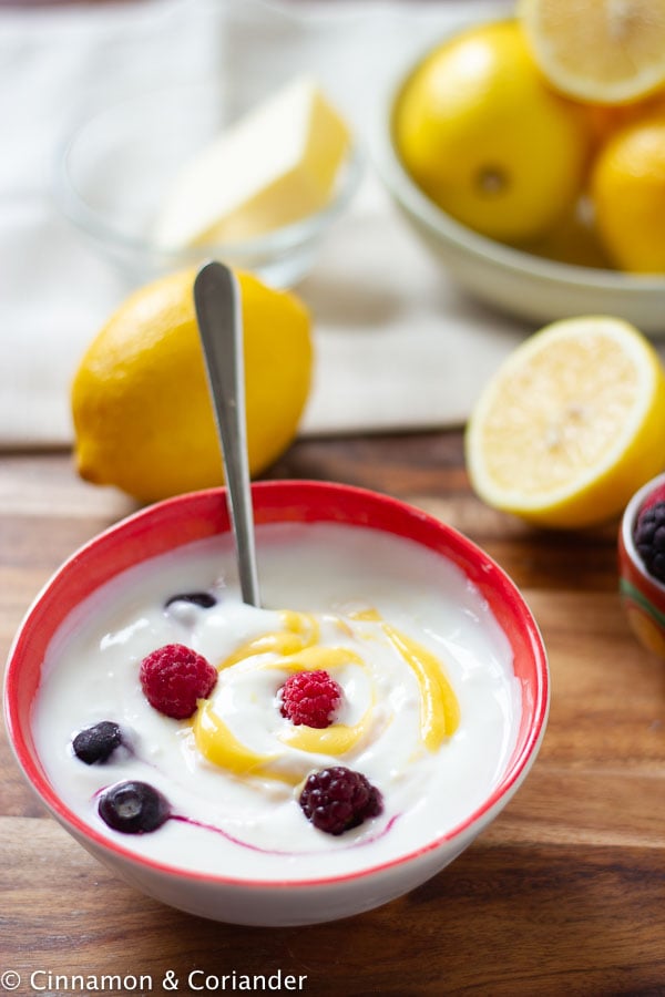 a small bowl with sugar-free Greek yogurt with fresh berries and a swirl of low carb lemon curd 