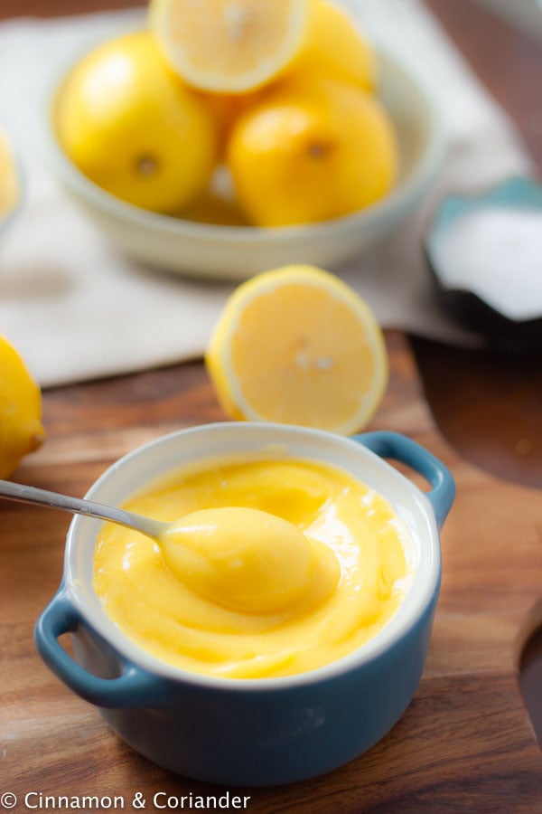 a small blue pot with homemade sugar-free lemon curd