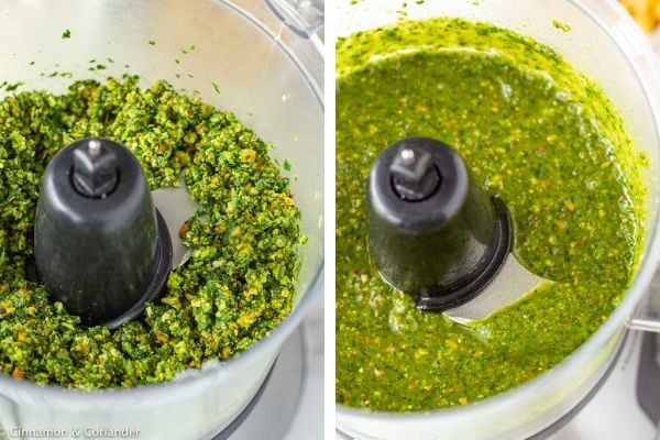picture collage demonstrating how to make pistachio pesto in a food processor