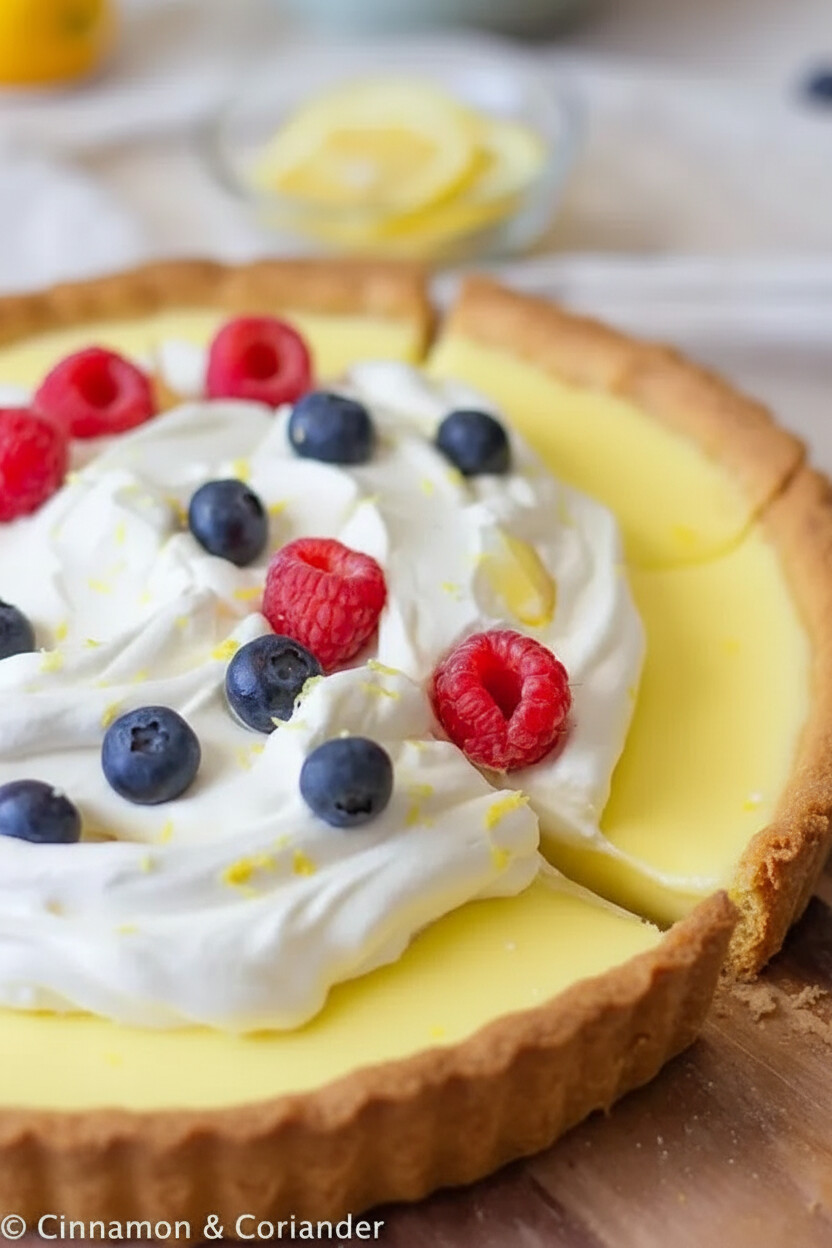 lemon tart recipe a slice being cut out of a classic French Lemon Tart with coconut crust