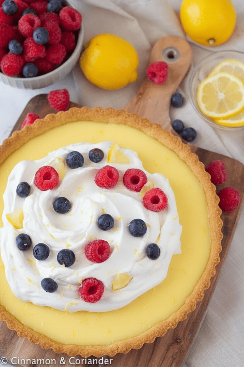 lemon tart recipe overhead shot of a healthy French lemon tart decorated with whipped cream and fresh berries
