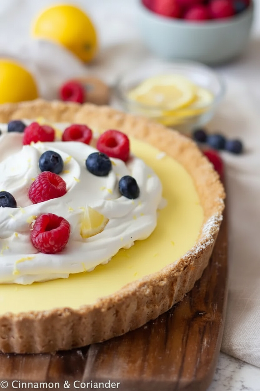 lemon tart recipe side view of homemade classic French Lemon Tart topped with whipped cream and fresh berries