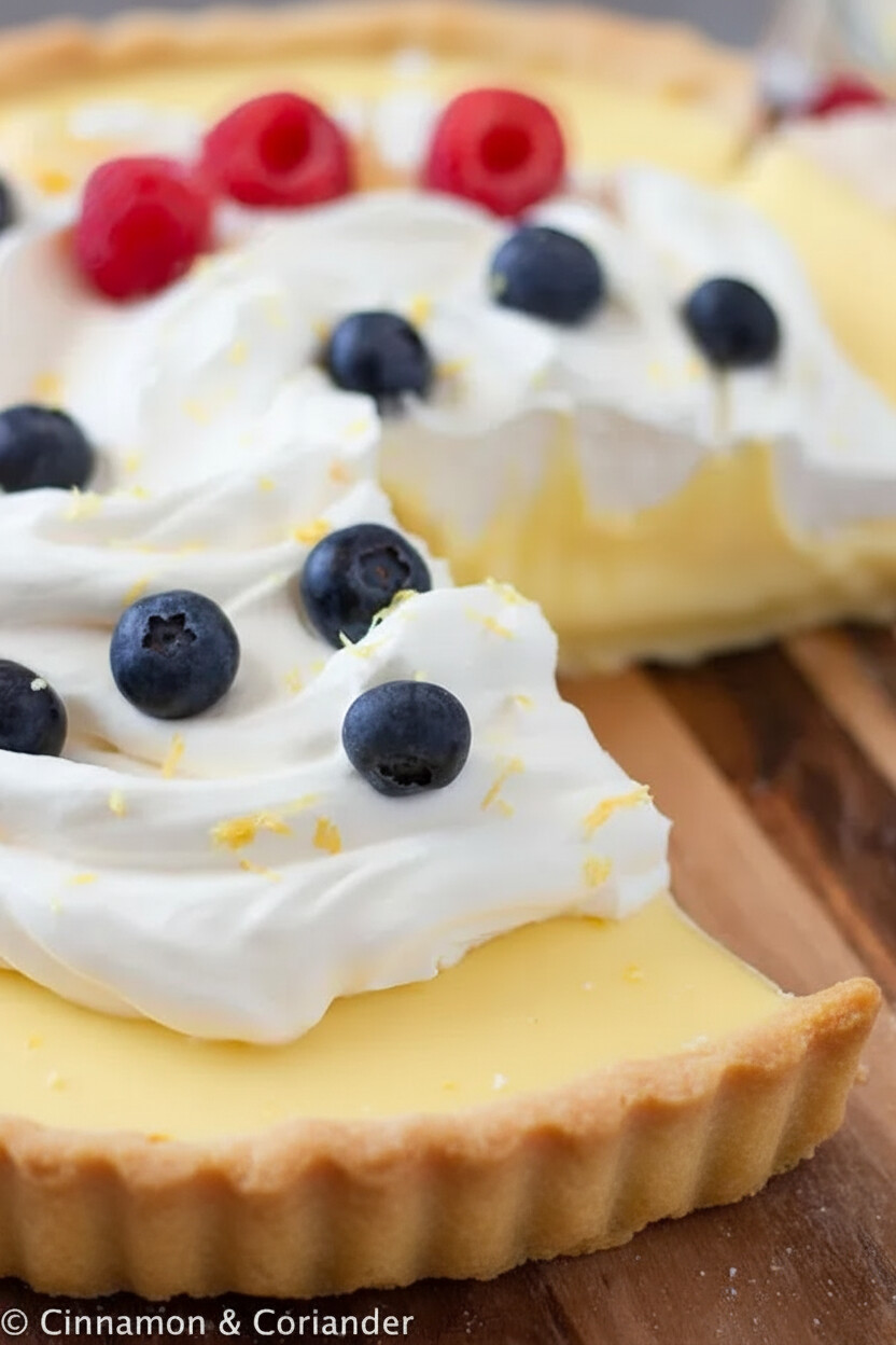 lemon tart recipe side view of a classic French lemon tart topped with cream and blueberries with one slice cut out