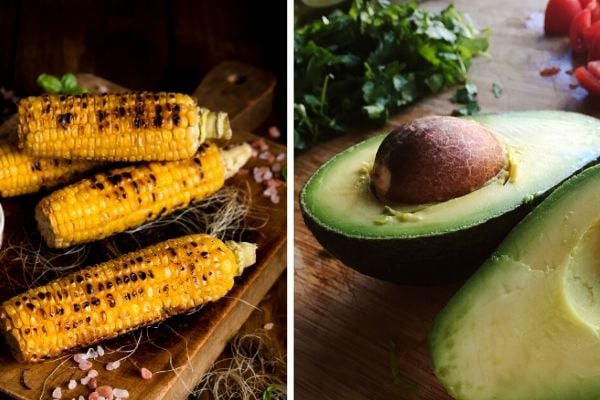 charred corn on the cob and a halved avocado being prepared for a quinoa salad recipe